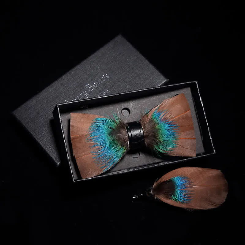 Chocolate & Turquoise Feather Bow Tie with Lapel Pin made by FloralTrip