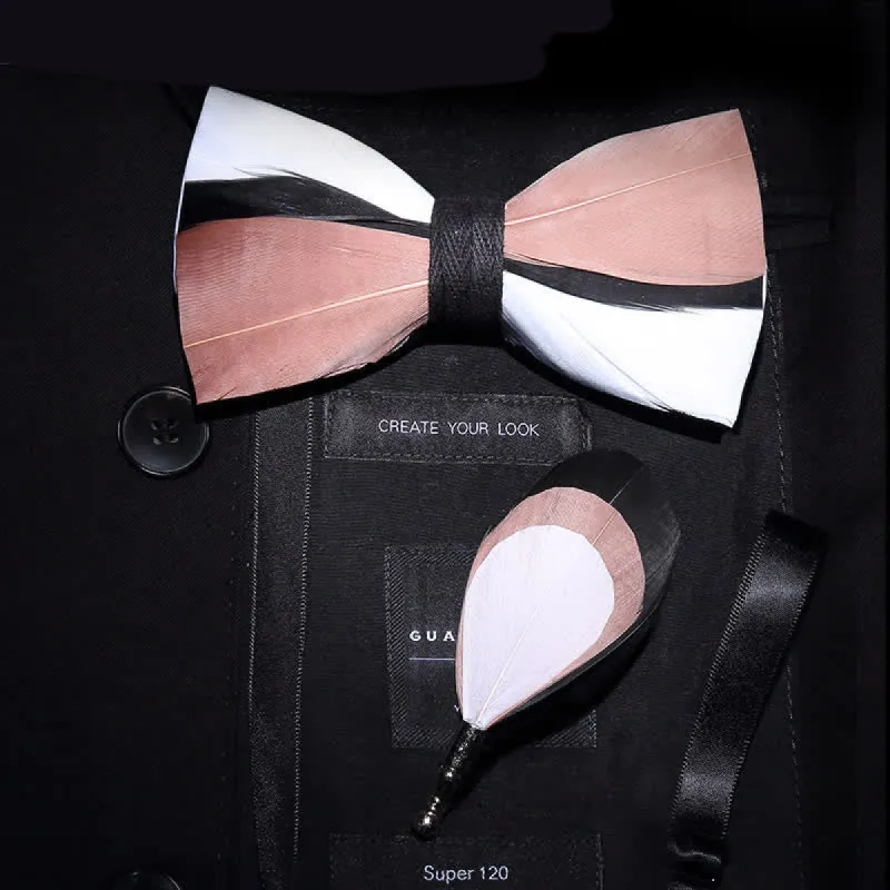 Pale Pink & White Wavy Feather Bow Tie with Lapel Pin made by FloralTrip
