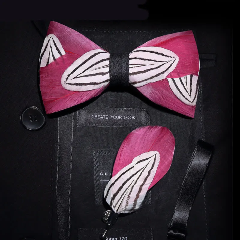 DeepPink & White Sweet Feather Bow Tie with Lapel Pin made by FloralTrip