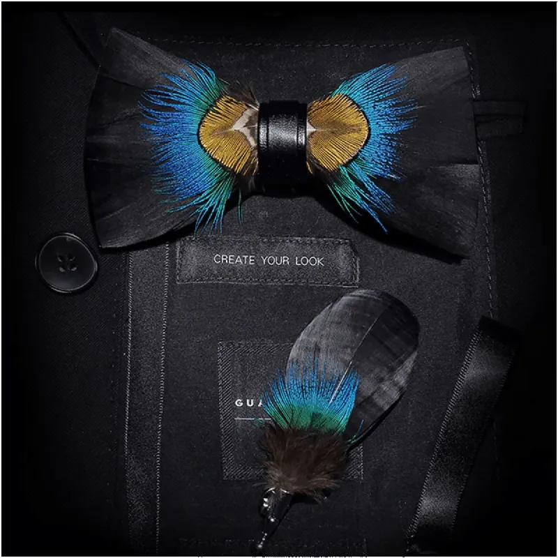 Blue & Black Pheasant Feather Bow Tie with Lapel Pin made by FloralTrip