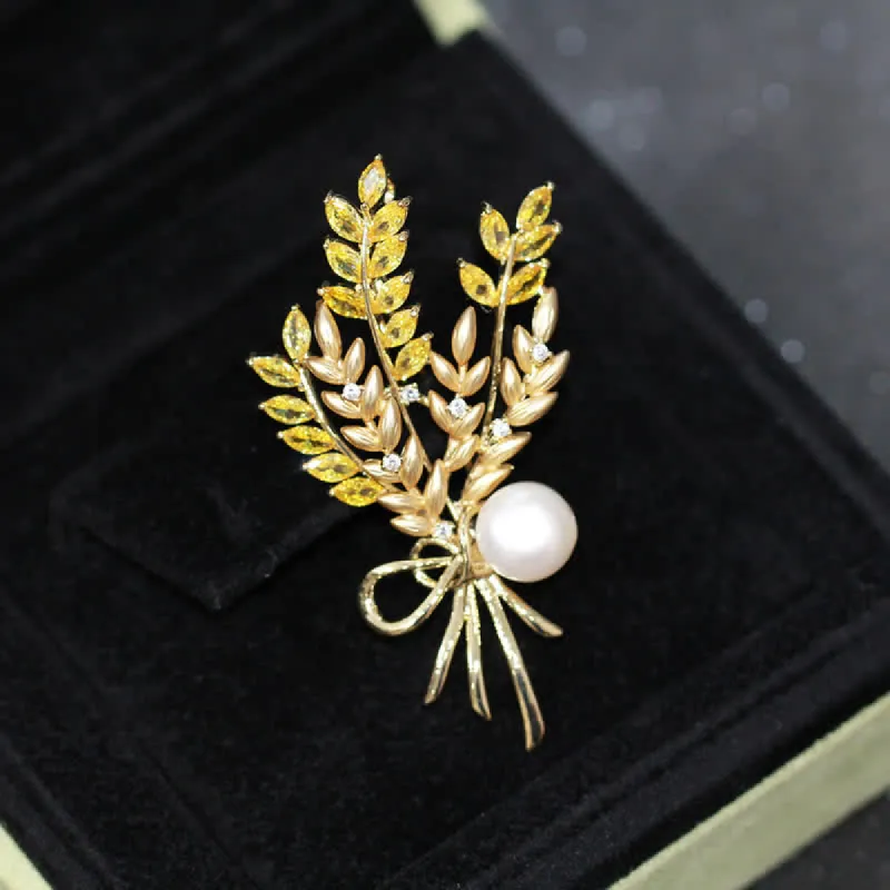 Women's Dazzling Pearl Zirconia Wheat Brooch sold by FloralTrip
