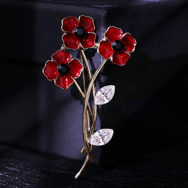 Unisex Red Poppy Bouquet Posy Stem Brooch sold by FloralTrip