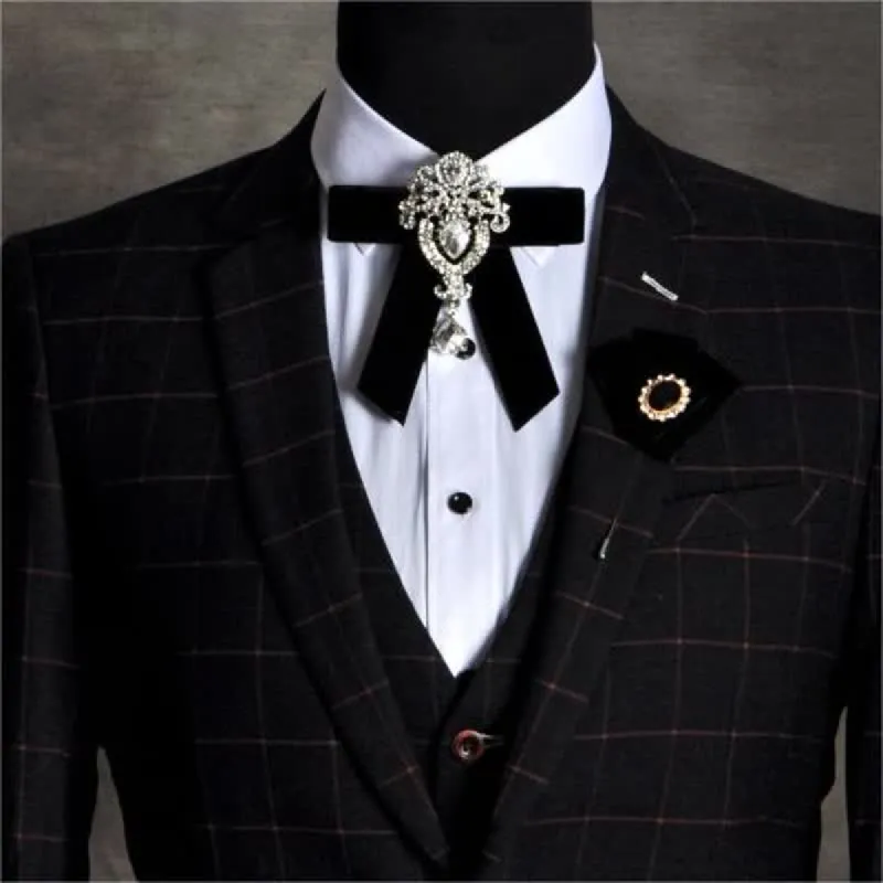 2Pcs Royal Rhinestone Brooch Velvet Bow Tie Set sold by FloralTrip