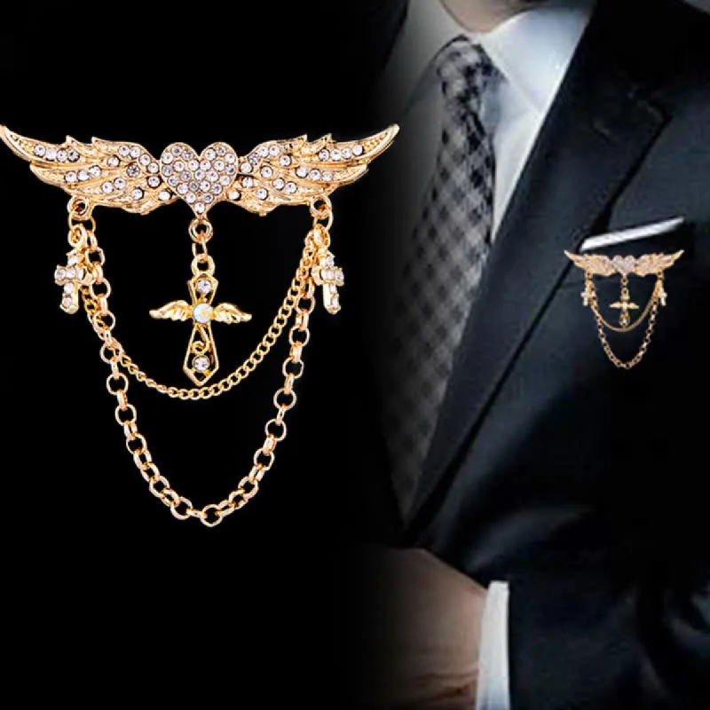Men's Angel Wings Heart Cross Tassel Brooch sold by FloralTrip
