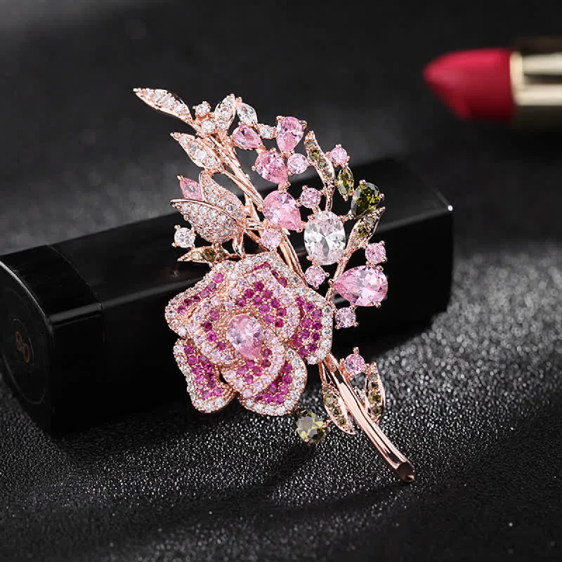 Women's Rose Flower Bouquet Zircon Brooch sold by FloralTrip