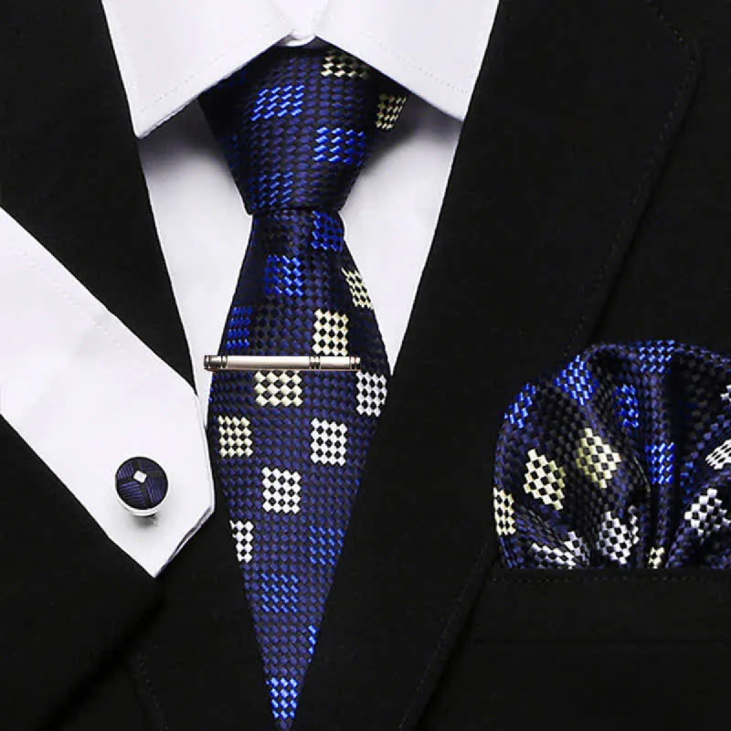 4Pcs Blue & Yellow Men's Modern Plaid Necktie Set sold by FloralTrip