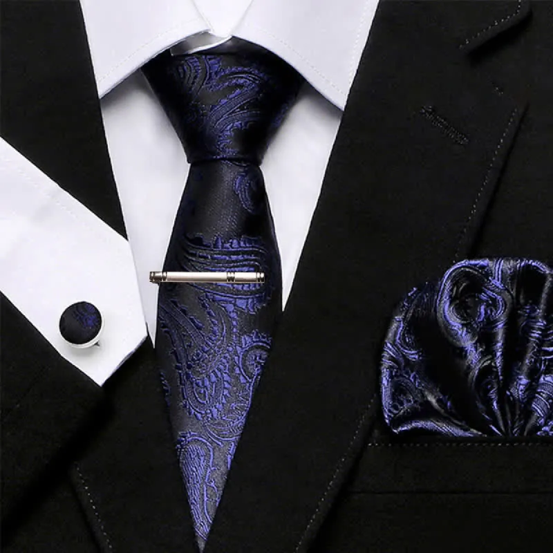 4Pcs MidnightBlue & Black Men's Paisley Necktie Set sold by FloralTrip