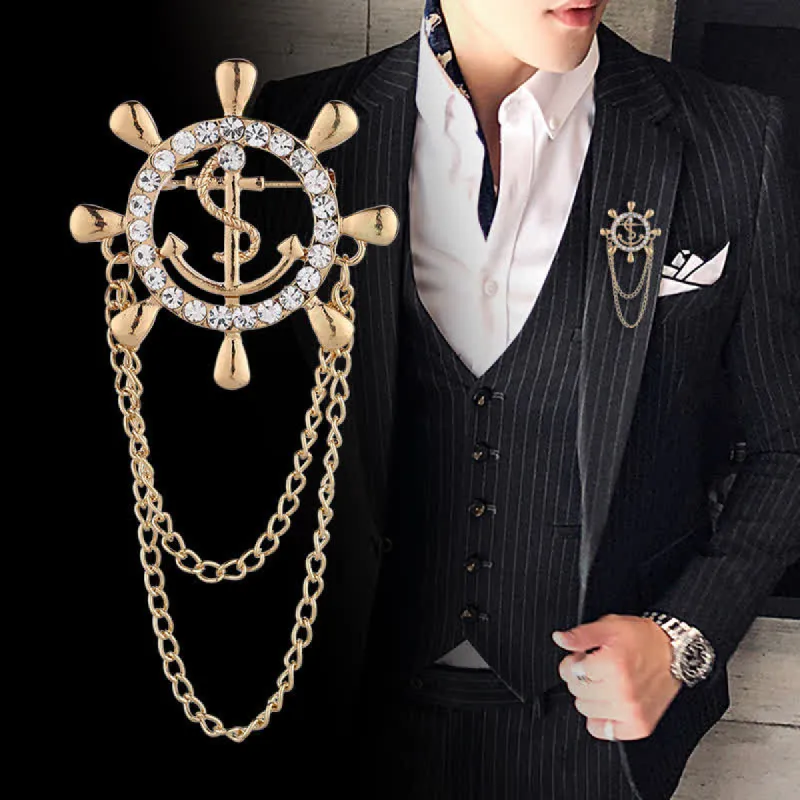 Men's Navy Ship Wheel Anchor Chain Brooch sold by FloralTrip