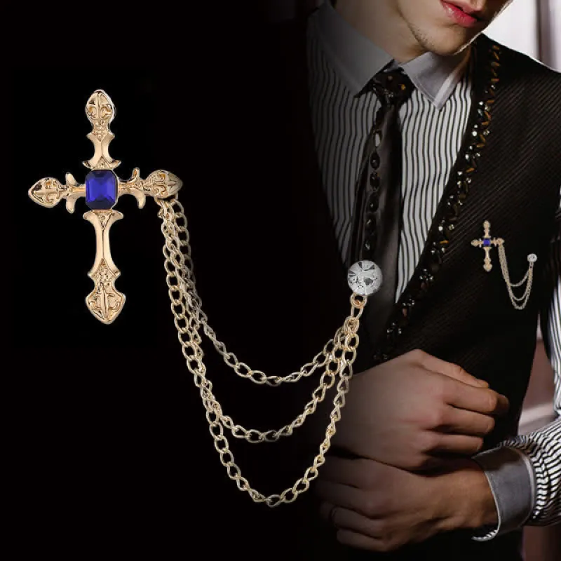 Men's Classic Cross Crystal Chain Brooch sold by FloralTrip