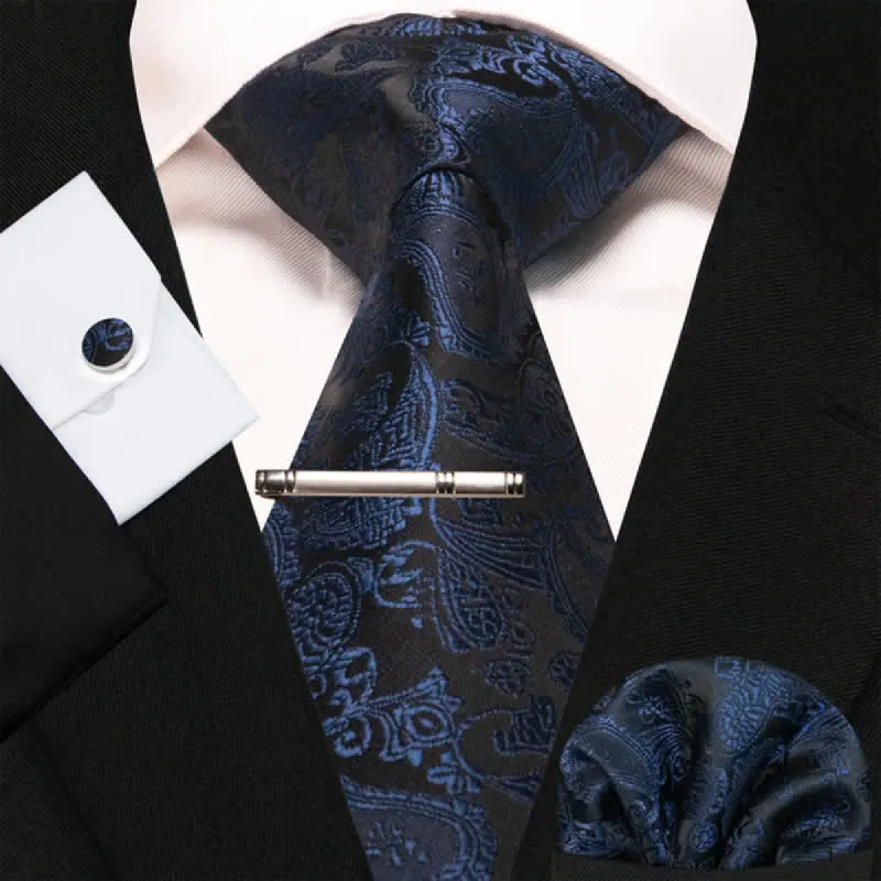 4Pcs Navy & Black Men's Mysterious Paisley Necktie Set sold by FloralTrip