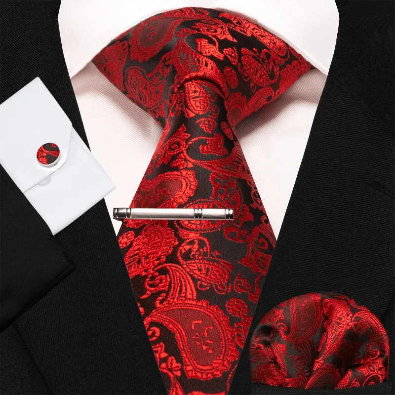 4Pcs Red & Black Men's Glamorous Paisley Necktie Set sold by FloralTrip