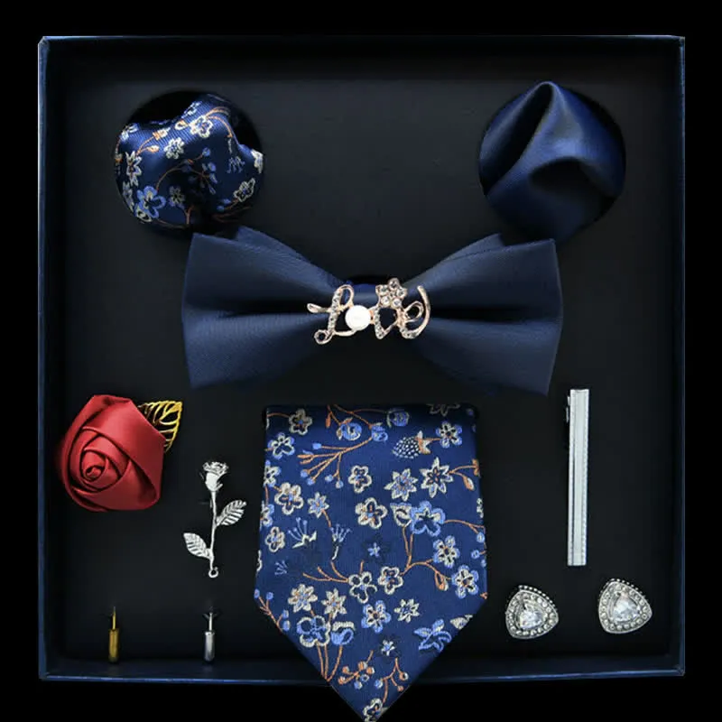 8Pcs Navy Blue Floral Casual Necktie Bow Ties Gift Box sold by FloralTrip