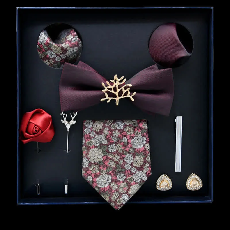 8Pcs Burgundy&Gold Floral Casual Necktie Bow Ties Gift Box sold by FloralTrip