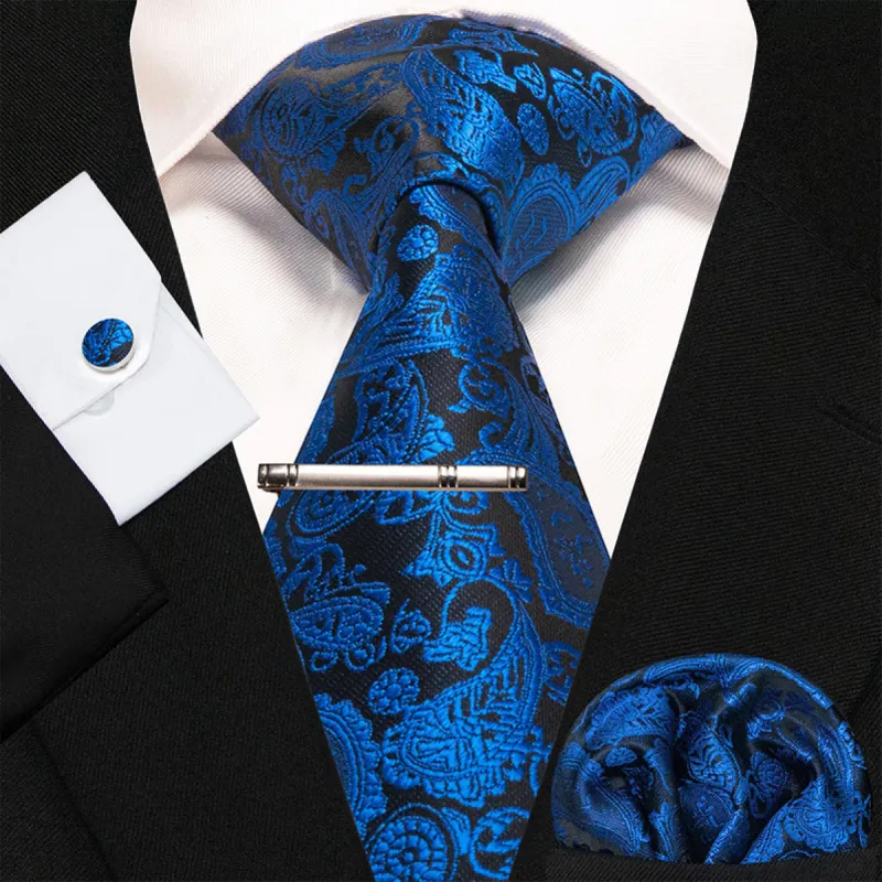 4Pcs Blue & Black Men's Luxurious Paisley Necktie Set sold by FloralTrip