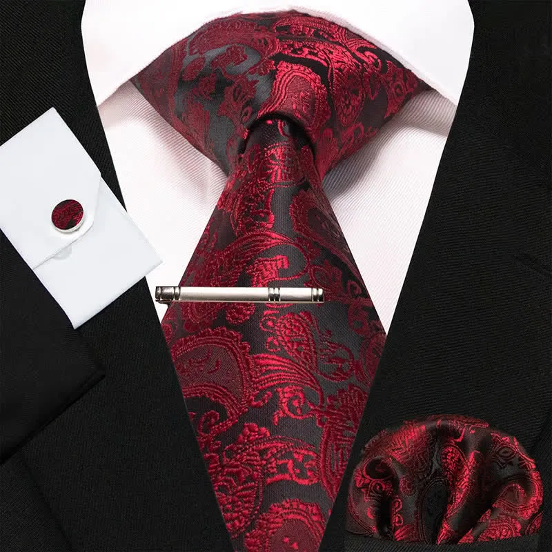 4Pcs Crimson & Black Men's Exquisite Paisley Necktie Set sold by FloralTrip
