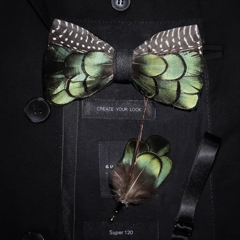 Green & Brown Peacock Goose Feather Bow Tie with Lapel Pin sold by FloralTrip