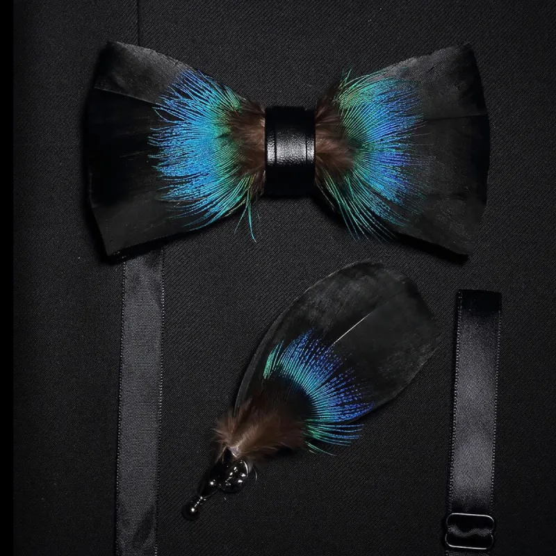 Black & Blue Versatile Feather Bow Tie with Lapel Pin made by FloralTrip