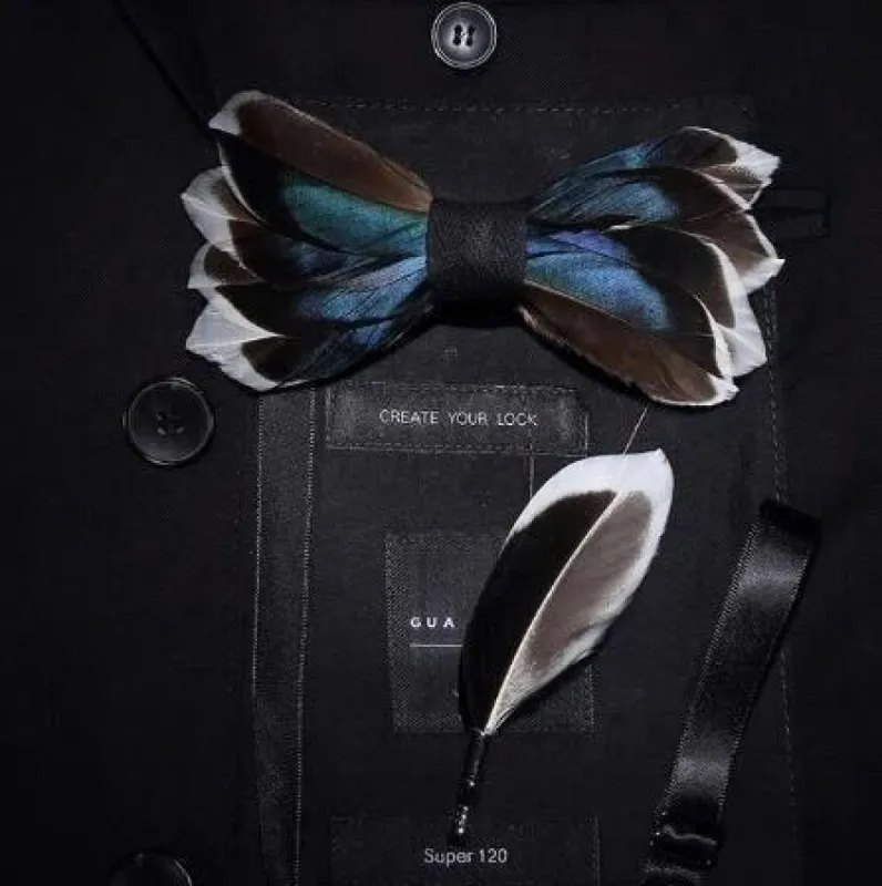 DarkBlue & Brown Graceful Feather Bow Tie with Lapel Pin sold by FloralTrip