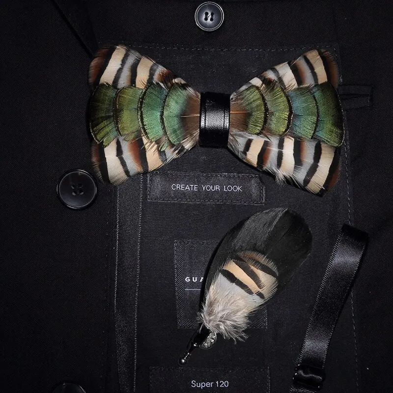 Green & Beige Geese Feather Bow Tie with Lapel Pin sold by FloralTrip