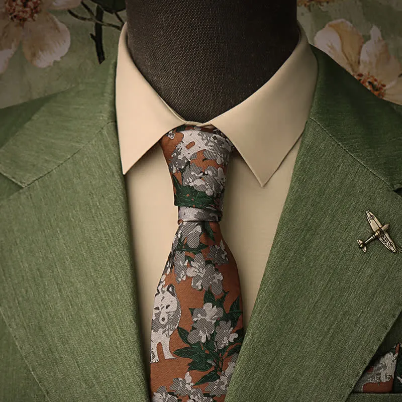 Tawny & Gray Men's Novel Wolf Botanical Necktie sold by FloralTrip