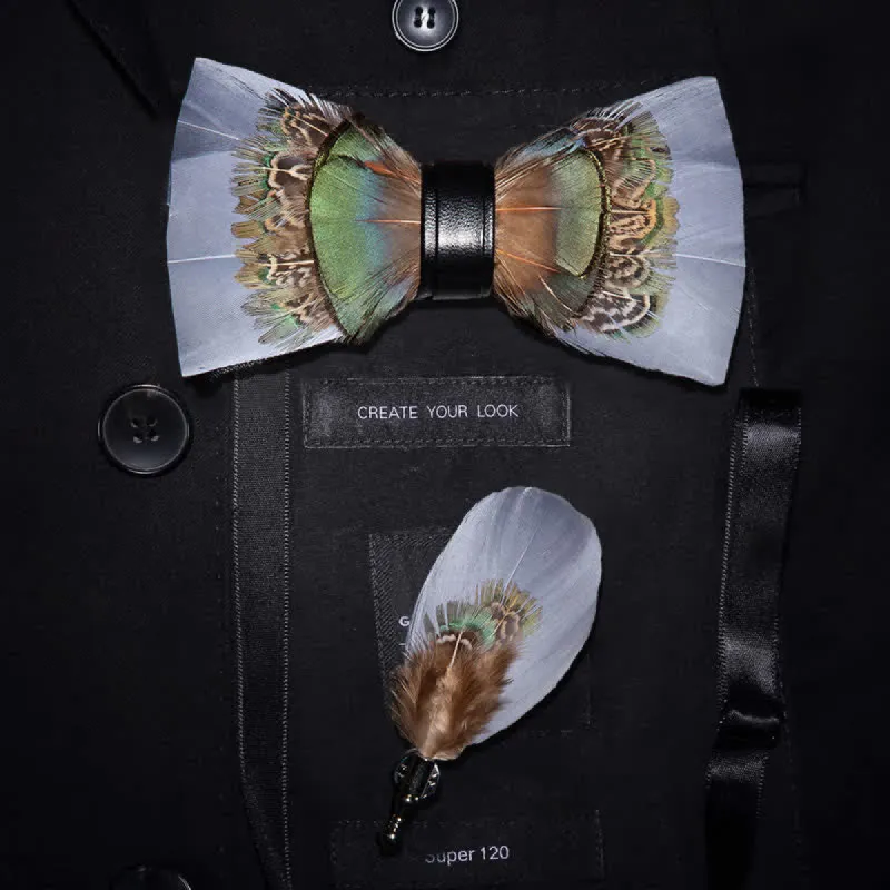 Gray & Green Gentleman Feather Bow Tie with Lapel Pin made by FloralTrip