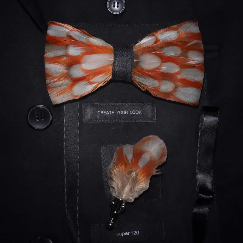 Orange & White Warmth Feather Bow Tie with Lapel Pin sold by FloralTrip