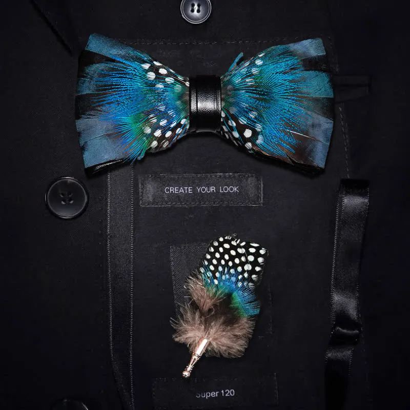 Blue & Black Peacock Feather Bow Tie with Lapel Pin sold by FloralTrip