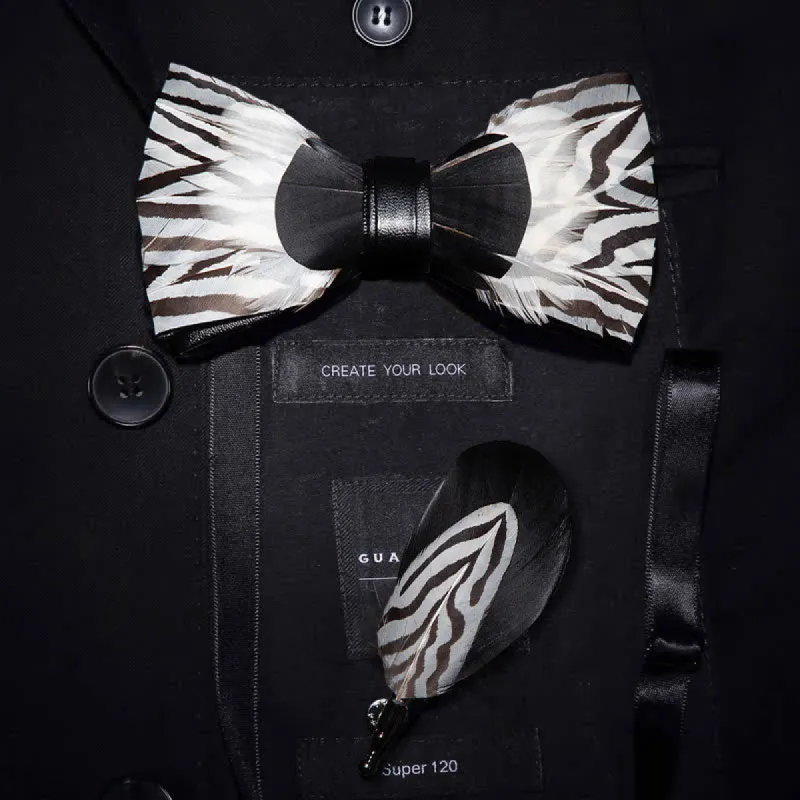 Black & White Zebra Feather Bow Tie with Lapel Pin sold by FloralTrip