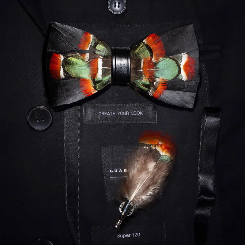 Black & Green Mallard Duck Feather Bow Tie with Lapel Pin sold by FloralTrip