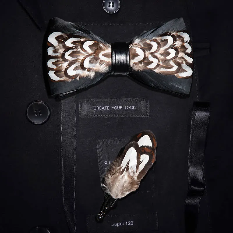 Black & Brown Desert Gobi Feather Bow Tie with Lapel Pin made by FloralTrip