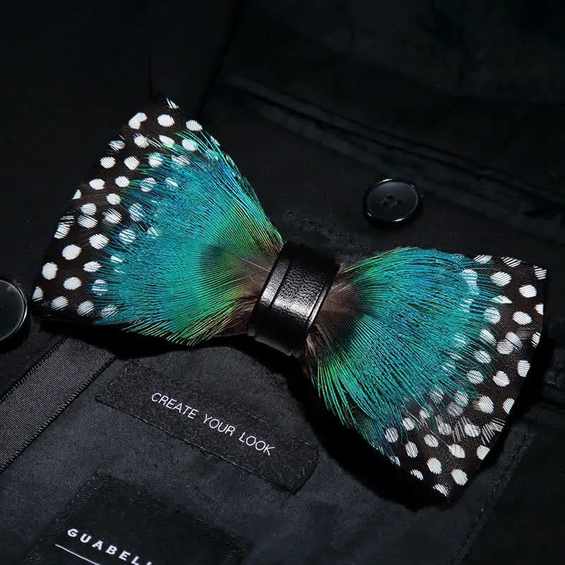 Cyan & White Polka Dots Feather Bow Tie with Lapel Pin sold by FloralTrip product image thumbnail 2