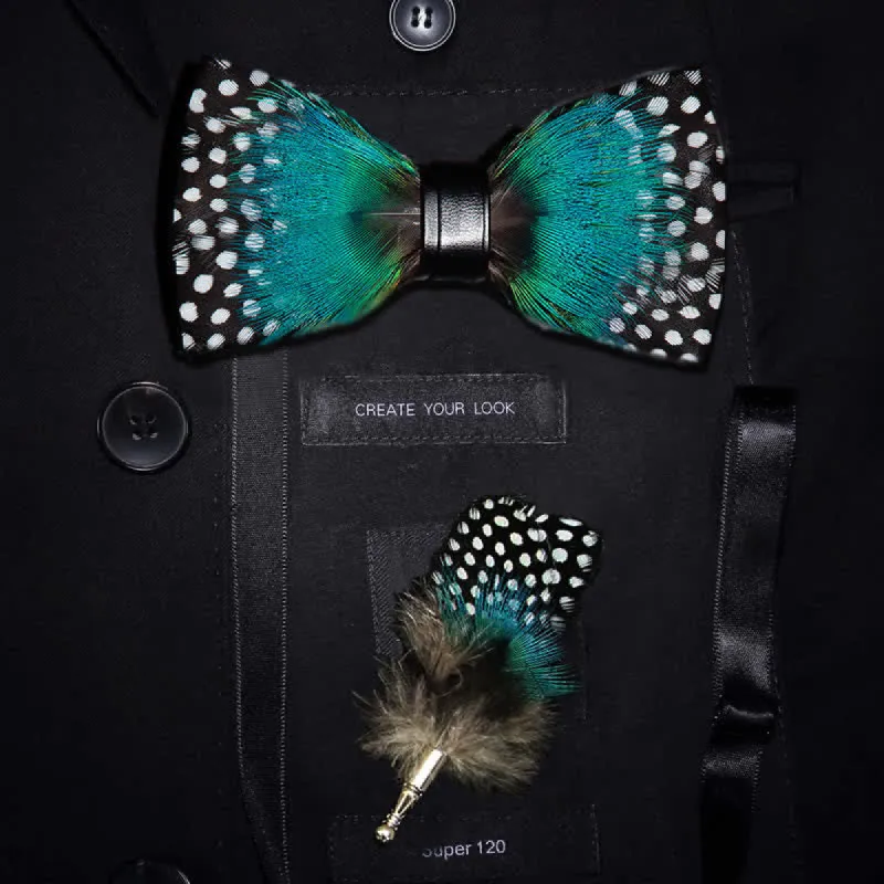Cyan & White Polka Dots Feather Bow Tie with Lapel Pin made by FloralTrip