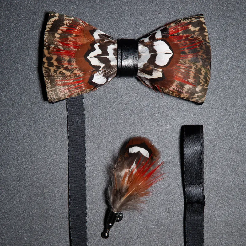 Brown & Red Feather Bow Tie with Lapel Pin made by FloralTrip