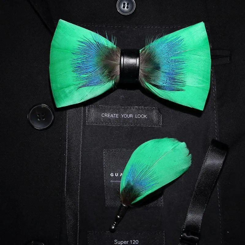 Blue & Green Novelty Feather Bow Tie with Lapel Pin made by FloralTrip