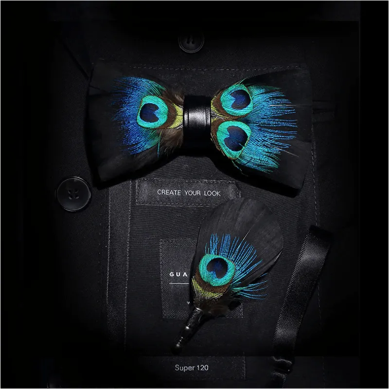 Black & Blue Peacock Eye Feather Bow Tie with Lapel Pin made by FloralTrip