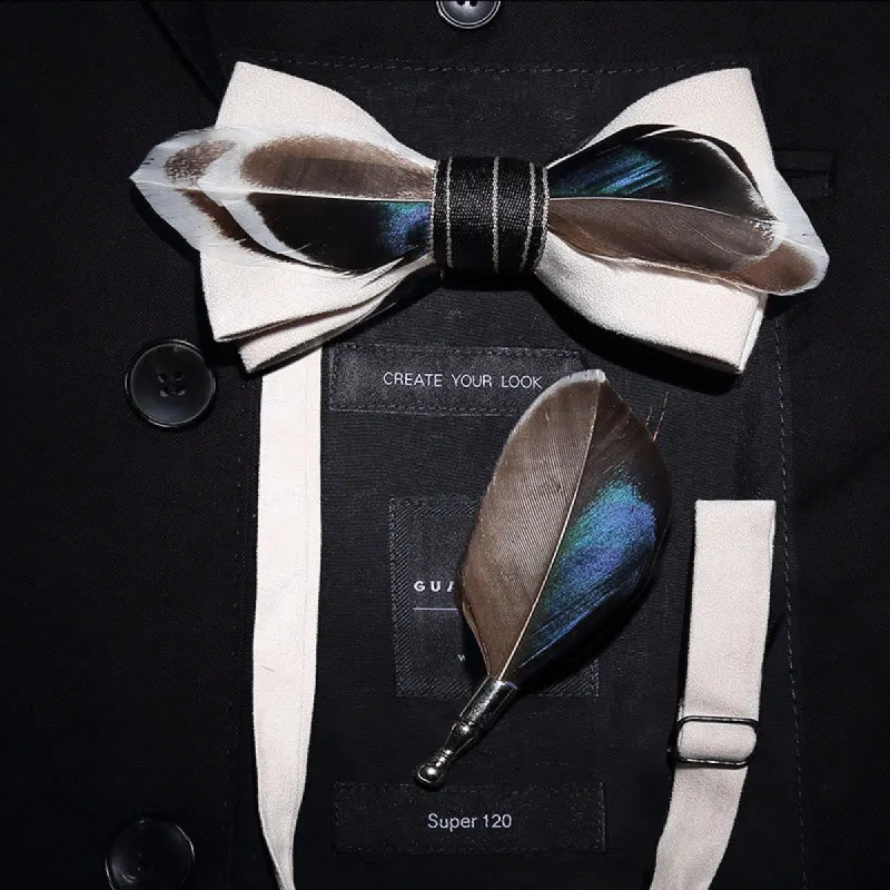 White Mallard Duck Feather Bow Tie with Lapel Pin sold by FloralTrip