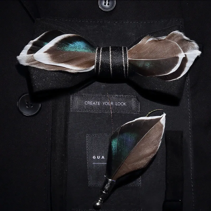 Black Mallard Duck Feather Bow Tie with Lapel Pin sold by FloralTrip