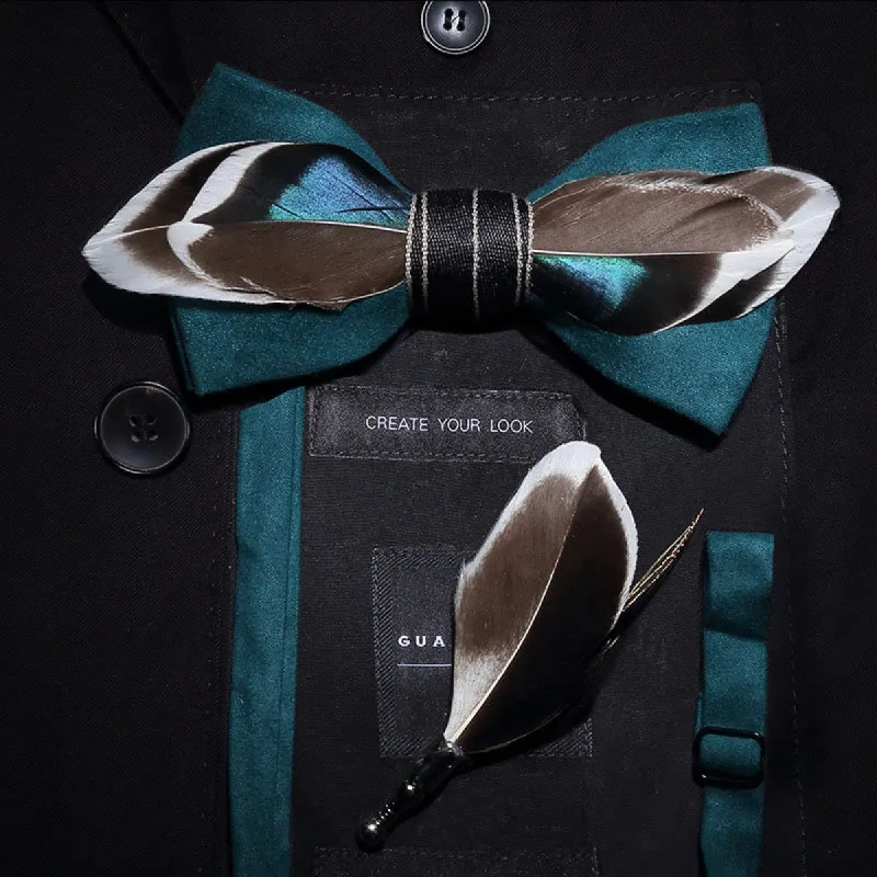 Green Mallard Duck Feather Bow Tie with Lapel Pin sold by FloralTrip