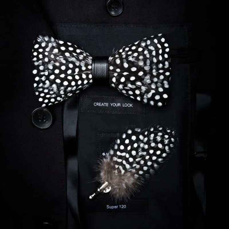 Black & White Polka Dot Feather Bow Tie with Lapel Pin made by FloralTrip