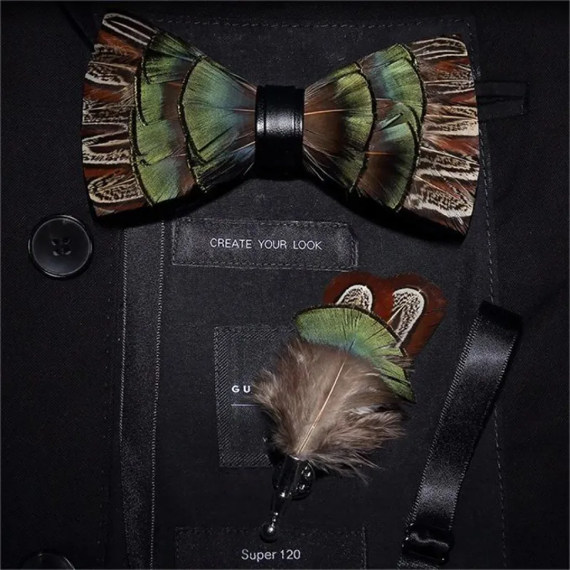 Brown & Green Forest Retro Feather Bow Tie with Lapel Pin made by FloralTrip