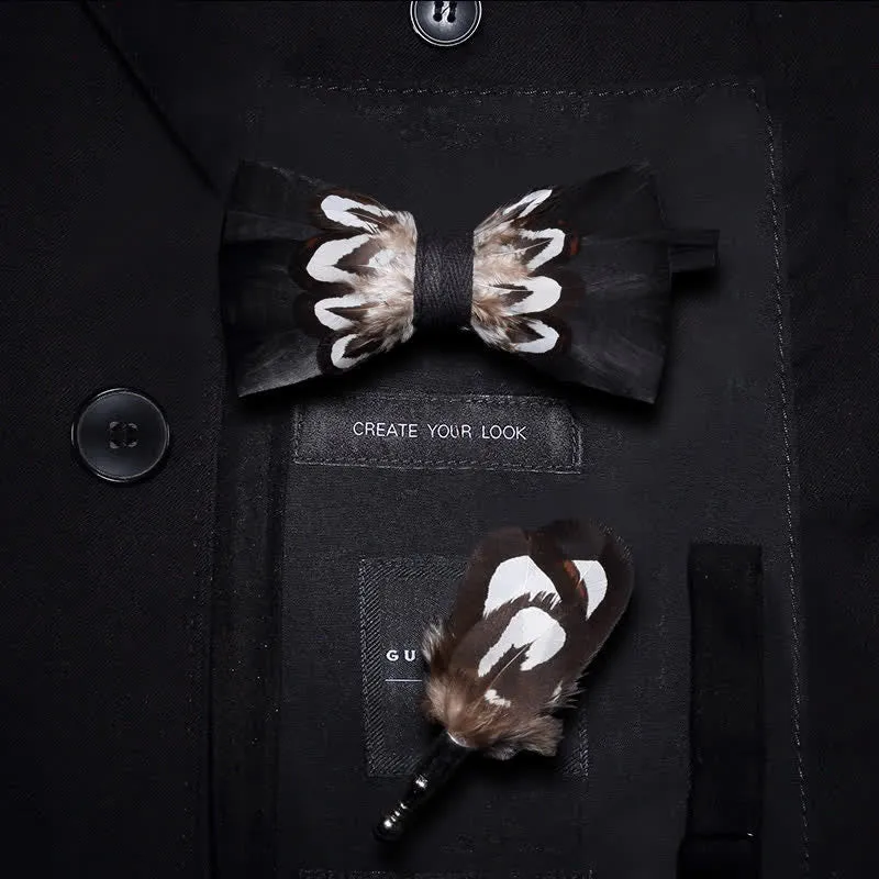 Black & White Pattern Feather Bow Tie with Lapel Pin sold by FloralTrip product image thumbnail 5