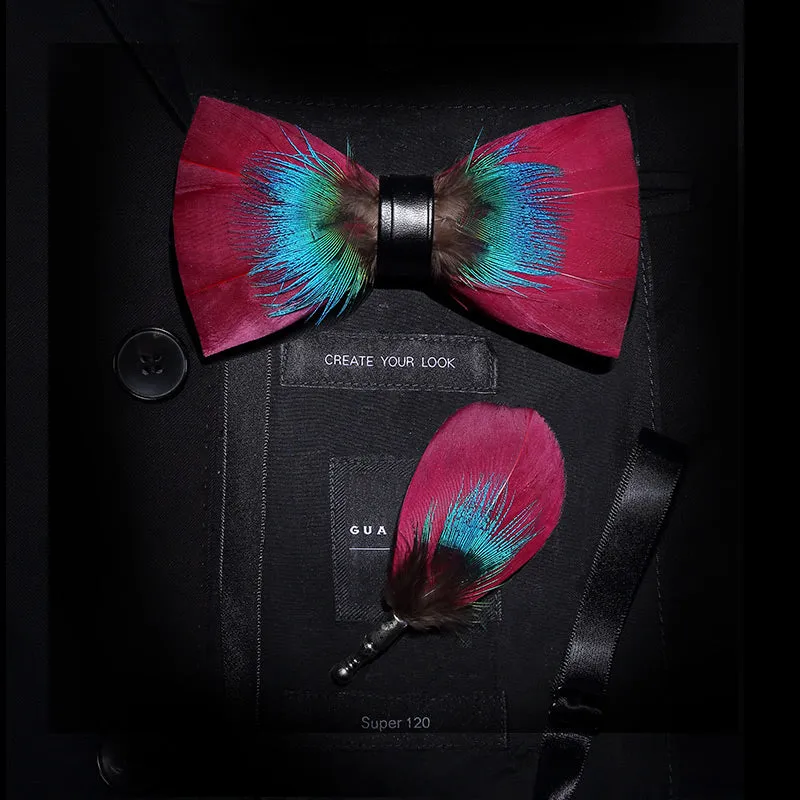 Pink & Blue Gentle Feather Bow Tie with Lapel Pin sold by FloralTrip