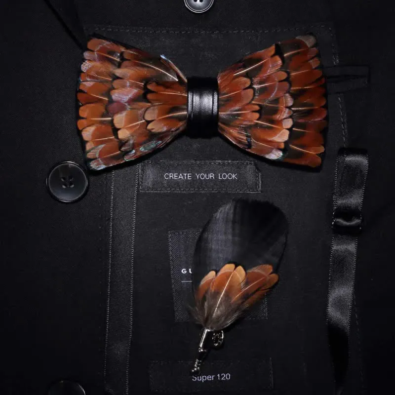 Brown & Black Trim Feather Bow Tie with Lapel Pin sold by FloralTrip