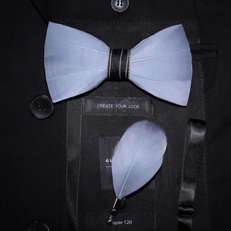 Lightblue Simple Feather Bow Tie with Lapel Pin sold by FloralTrip