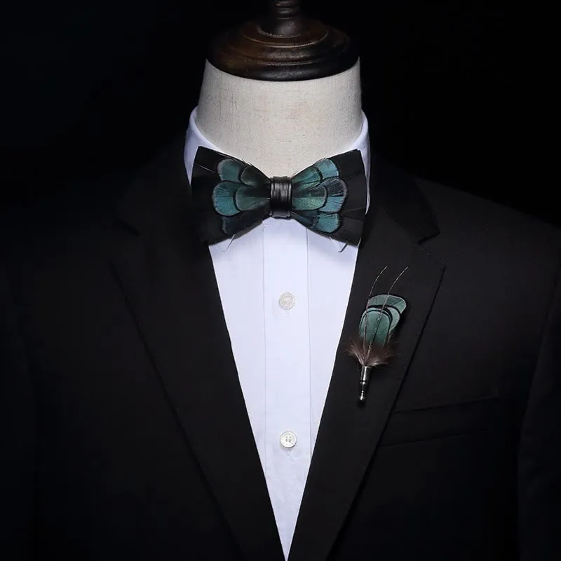 Black & Green Exquisite Feather Bow Tie with Lapel Pin sold by FloralTrip product image thumbnail 3