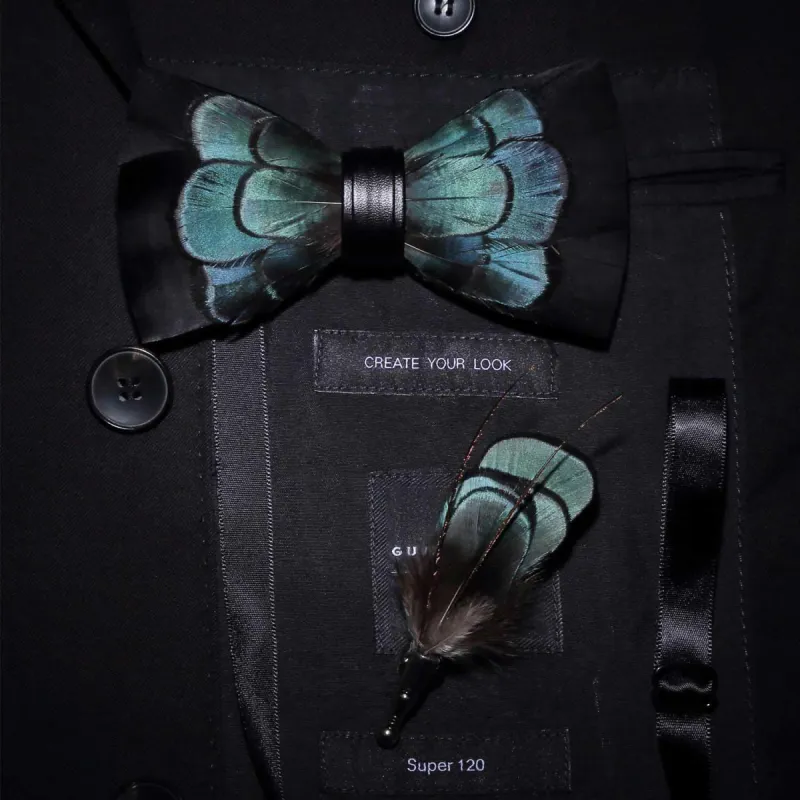 Black & Green Exquisite Feather Bow Tie with Lapel Pin sold by FloralTrip