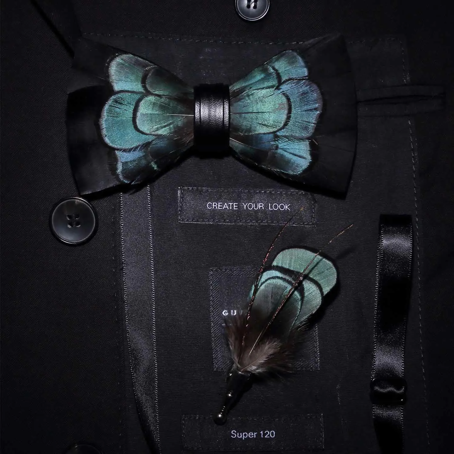 Black & Green Exquisite Feather Bow Tie with Lapel Pin sold by FloralTrip