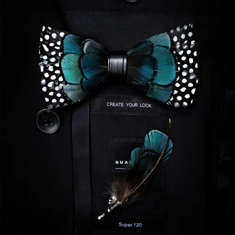 Turquoise & Black Feather Bow Tie with Lapel Pin made by FloralTrip