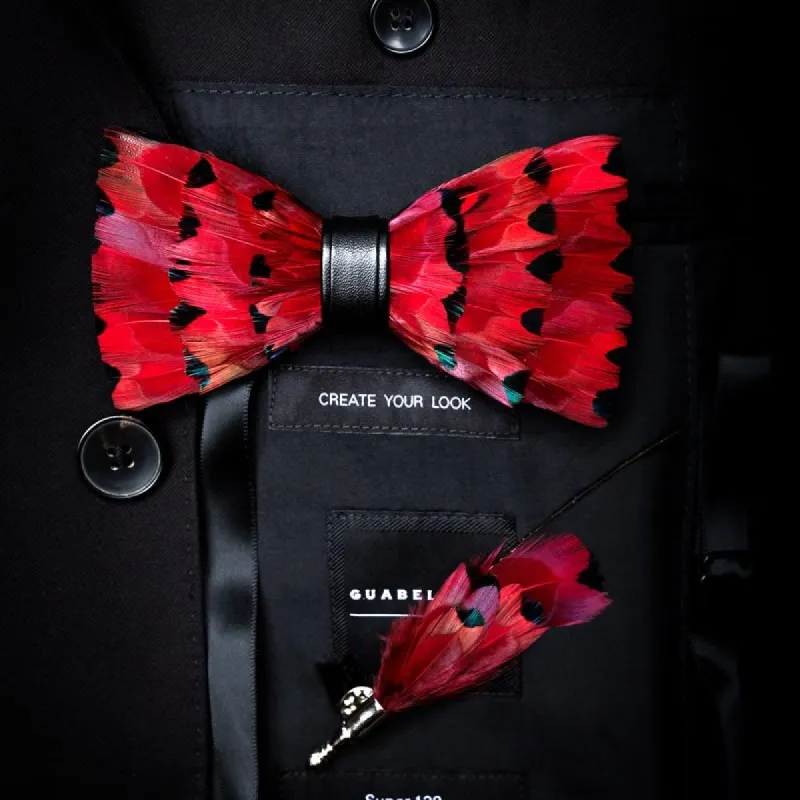 Red Finch Tail Feather Bow Tie with Lapel Pin made by FloralTrip