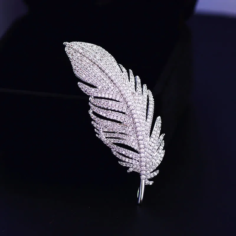 Women's Minimalist Silver Zircon Feather Brooch sold by FloralTrip